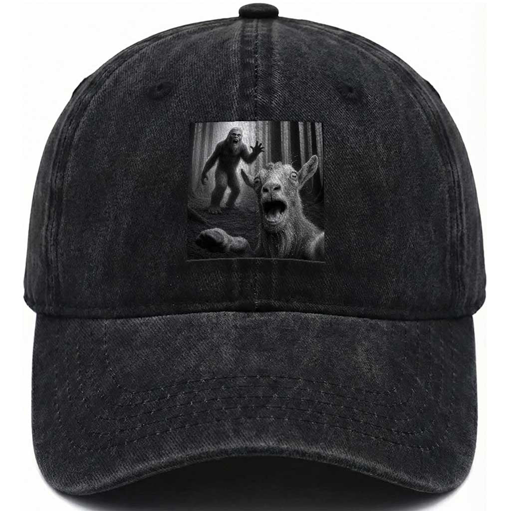Goat Selfie With Bigfoot Washed Cotton Baseball Cap Funny Cryptid Gift