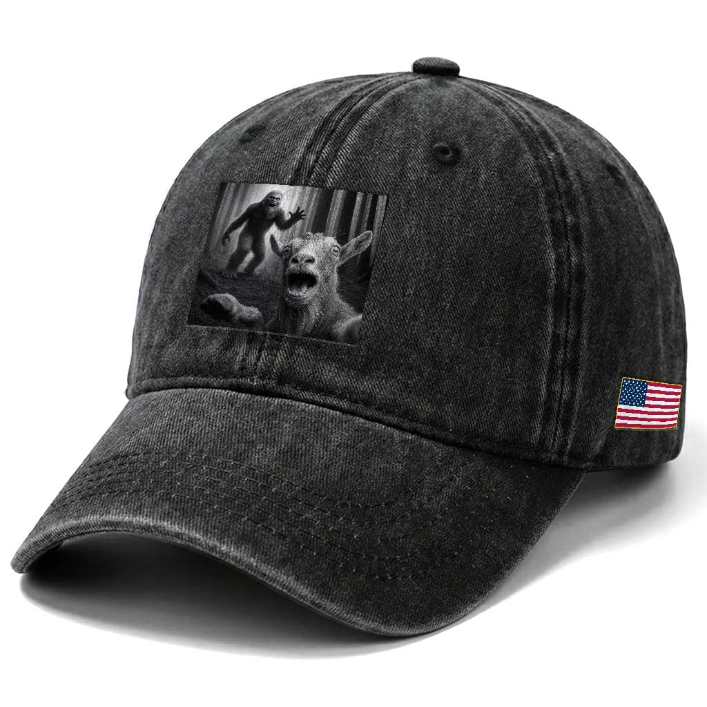 Goat Selfie With Bigfoot Washed Cotton Baseball Cap Funny Cryptid Gift