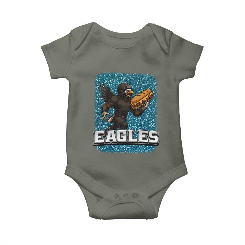 Funny Eagle With Cheesesteak Baby Onesie Football Glitter Print - Wonder Print Shop