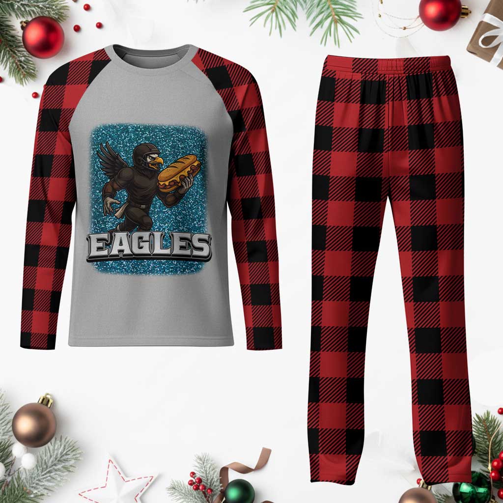 Funny Eagle With Cheesesteak Plaid Pajama Set Football Glitter Print - Wonder Print Shop