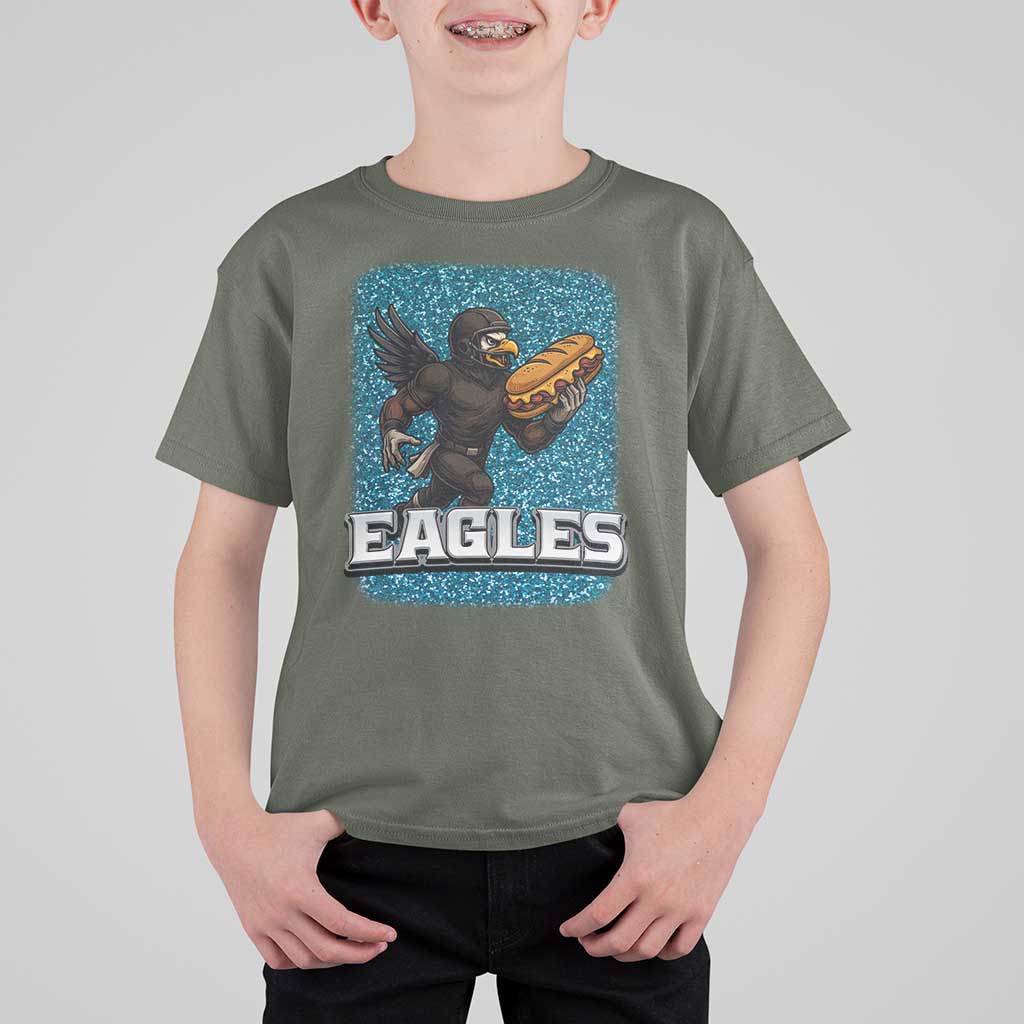 Funny Eagle With Cheesesteak T Shirt For Kid Football Glitter Print - Wonder Print Shop