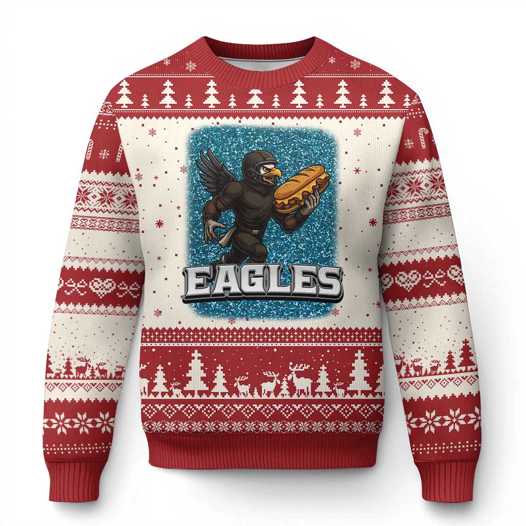 Funny Eagle With Cheesesteak Ugly Christmas Sweater Football Glitter Print - Wonder Print Shop