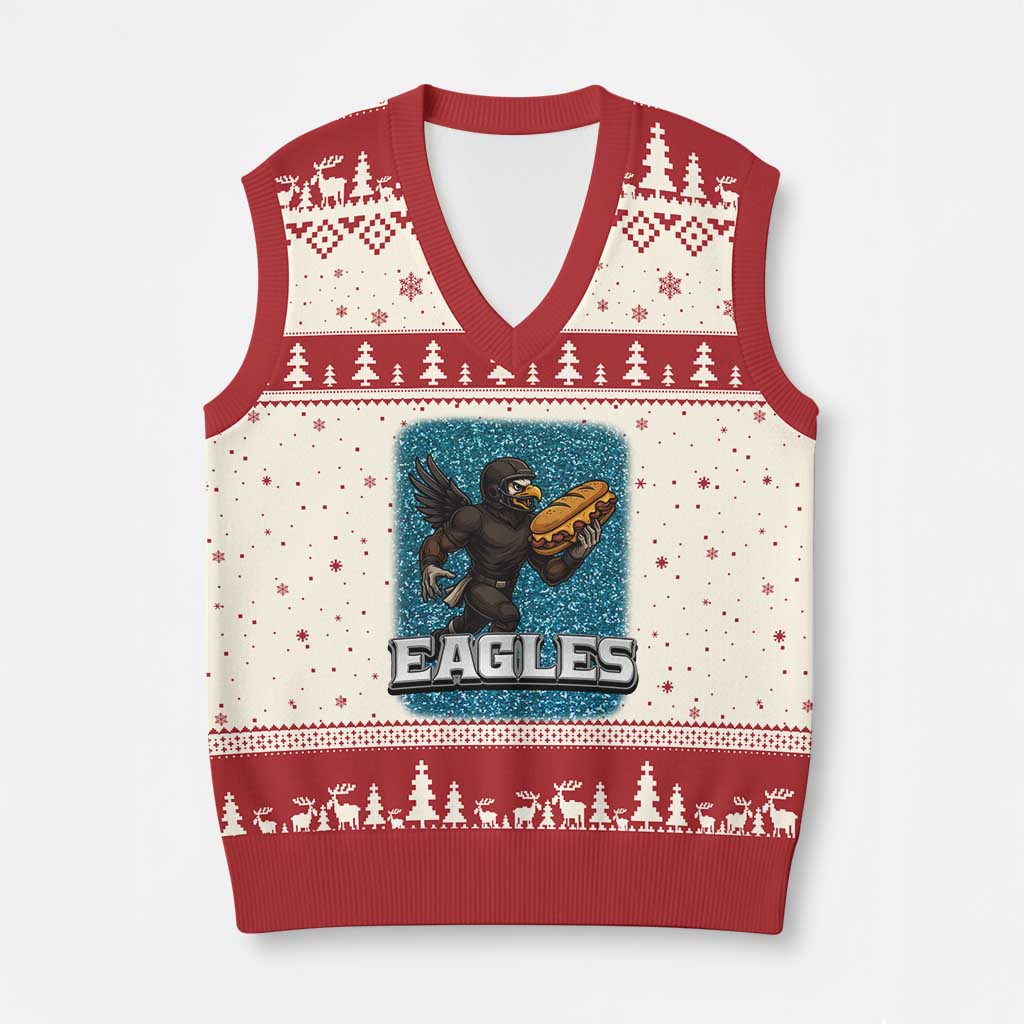 Funny Eagle With Cheesesteak V-Neck Knit Sweater Vest Football Glitter Print - Wonder Print Shop