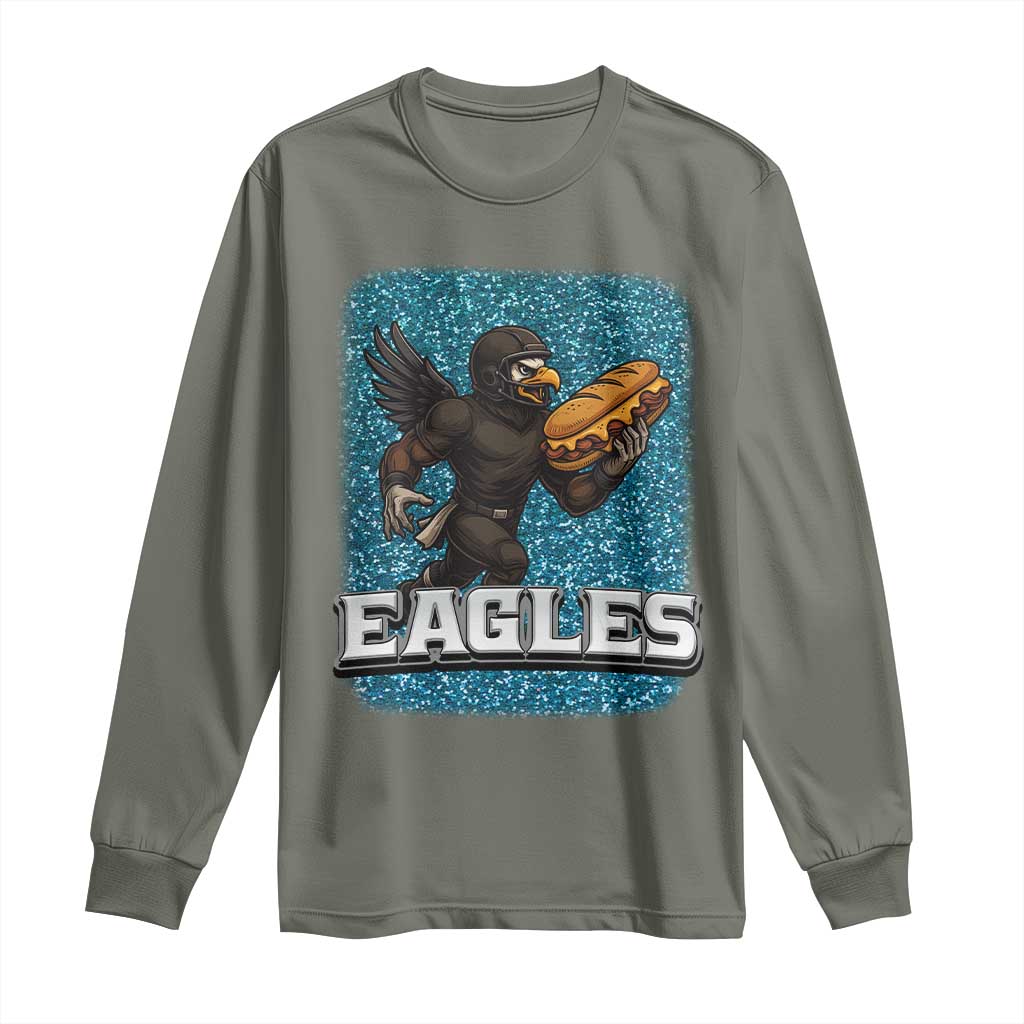 Funny Eagle With Cheesesteak Long Sleeve Shirt Football Glitter Print - Wonder Print Shop