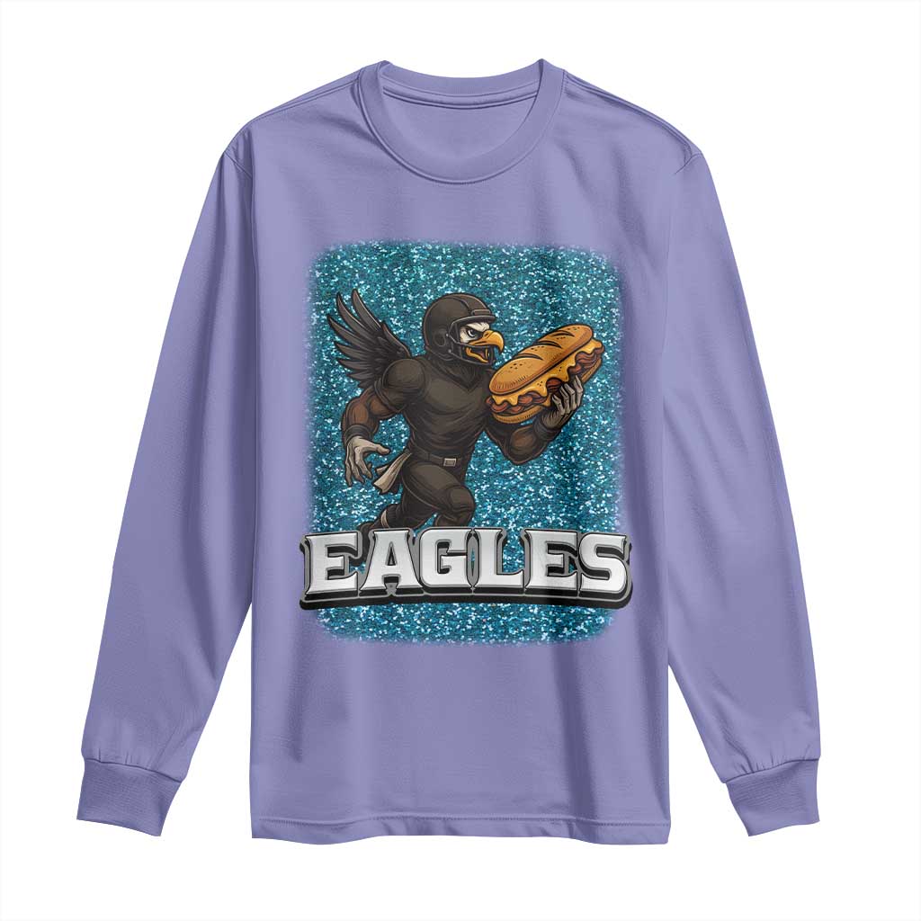 Funny Eagle With Cheesesteak Long Sleeve Shirt Football Glitter Print - Wonder Print Shop
