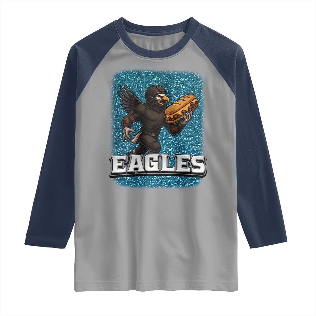 Funny Eagle With Cheesesteak Raglan Shirt Football Glitter Print - Wonder Print Shop