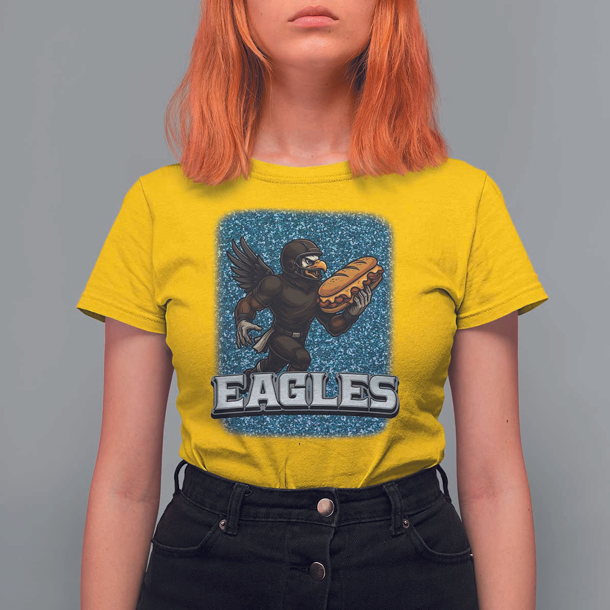 Funny Eagle With Cheesesteak T Shirt For Women Football Glitter Print - Wonder Print Shop