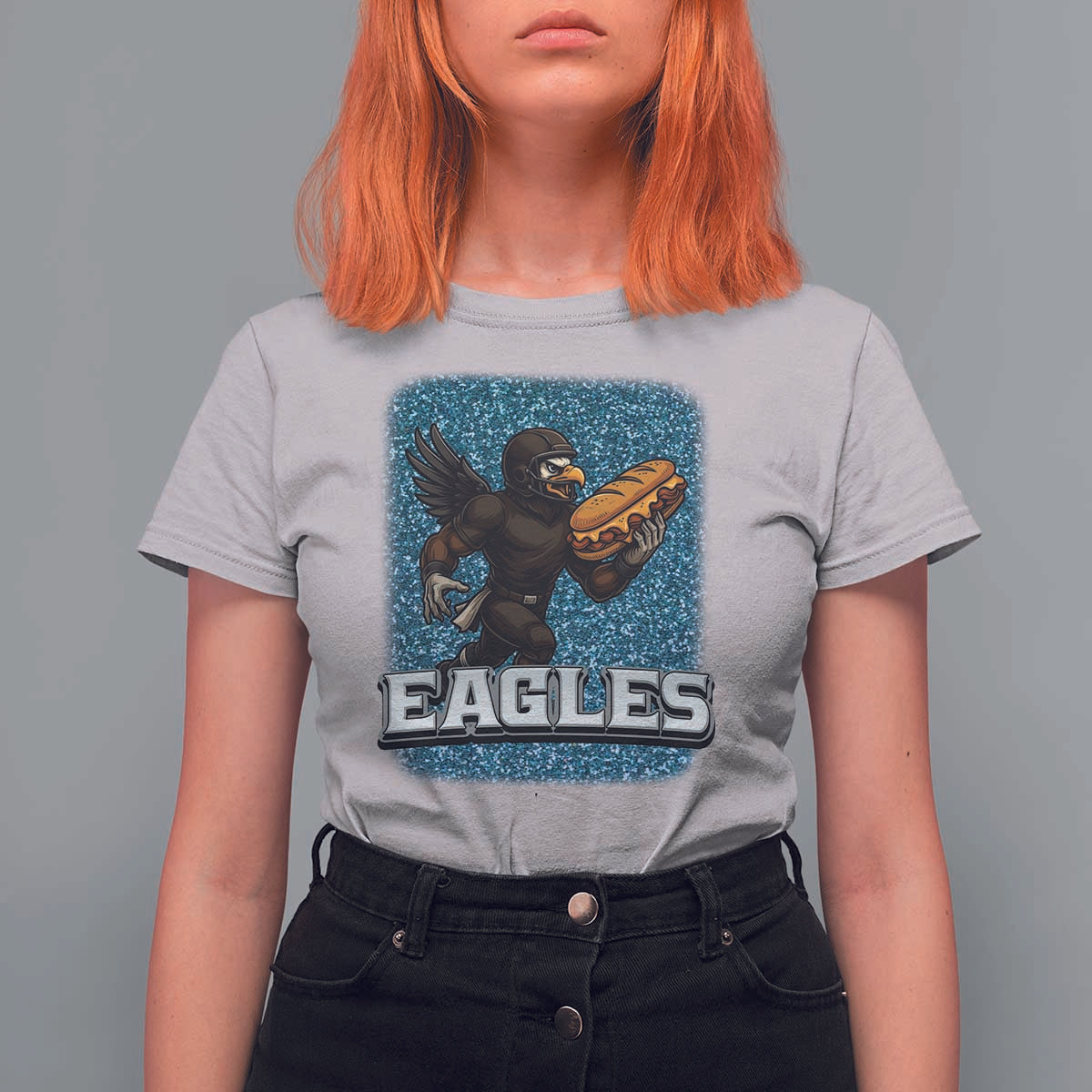 Funny Eagle With Cheesesteak T Shirt For Women Football Glitter Print - Wonder Print Shop