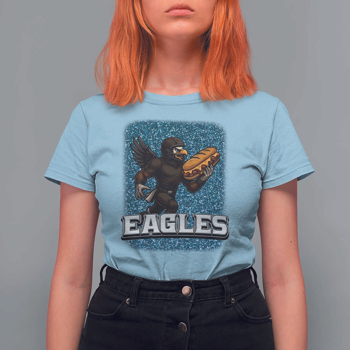 Funny Eagle With Cheesesteak T Shirt For Women Football Glitter Print - Wonder Print Shop