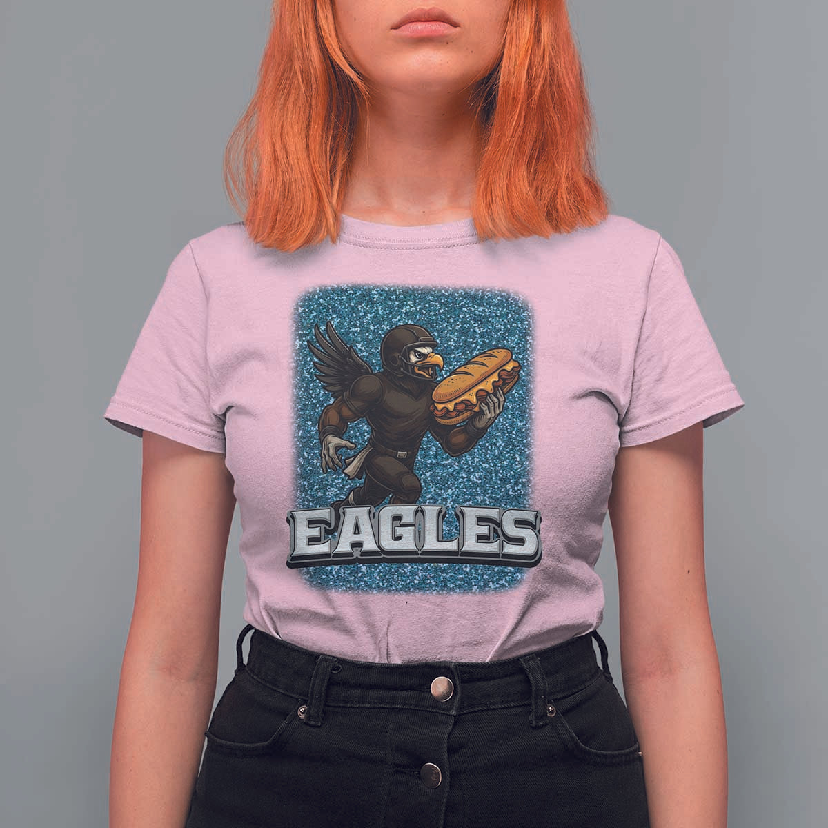 Funny Eagle With Cheesesteak T Shirt For Women Football Glitter Print - Wonder Print Shop