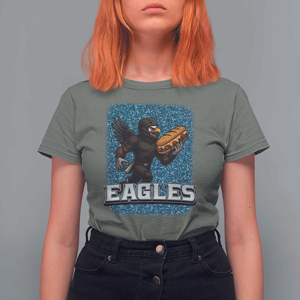 Funny Eagle With Cheesesteak T Shirt For Women Football Glitter Print - Wonder Print Shop