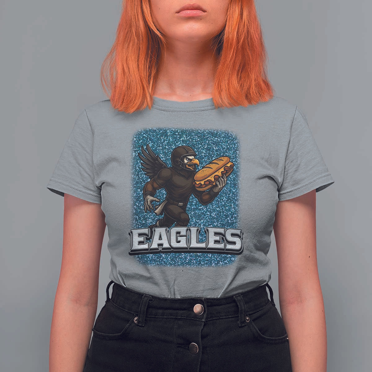 Funny Eagle With Cheesesteak T Shirt For Women Football Glitter Print - Wonder Print Shop
