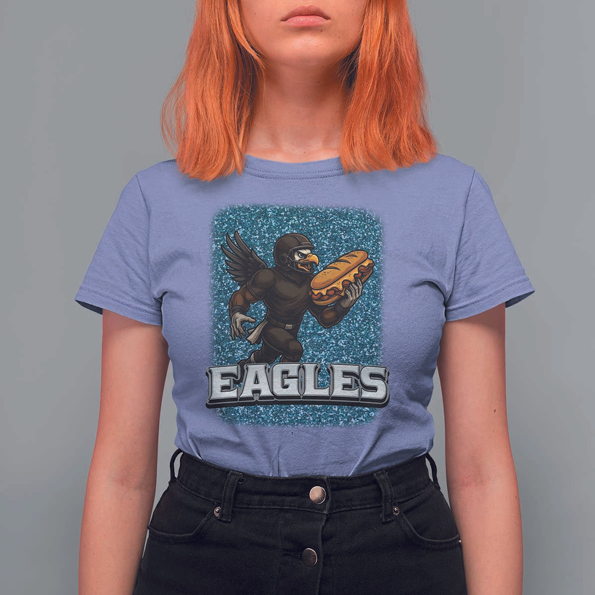 Funny Eagle With Cheesesteak T Shirt For Women Football Glitter Print - Wonder Print Shop