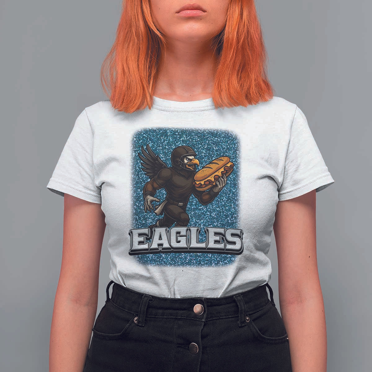 Funny Eagle With Cheesesteak T Shirt For Women Football Glitter Print - Wonder Print Shop