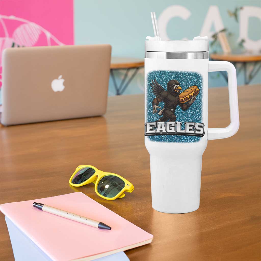 Funny Eagle With Cheesesteak Tumbler With Handle Football Glitter Print - Wonder Print Shop