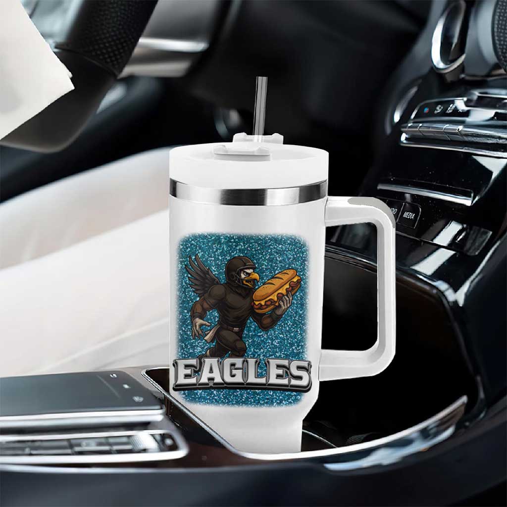 Funny Eagle With Cheesesteak Tumbler With Handle Football Glitter Print - Wonder Print Shop