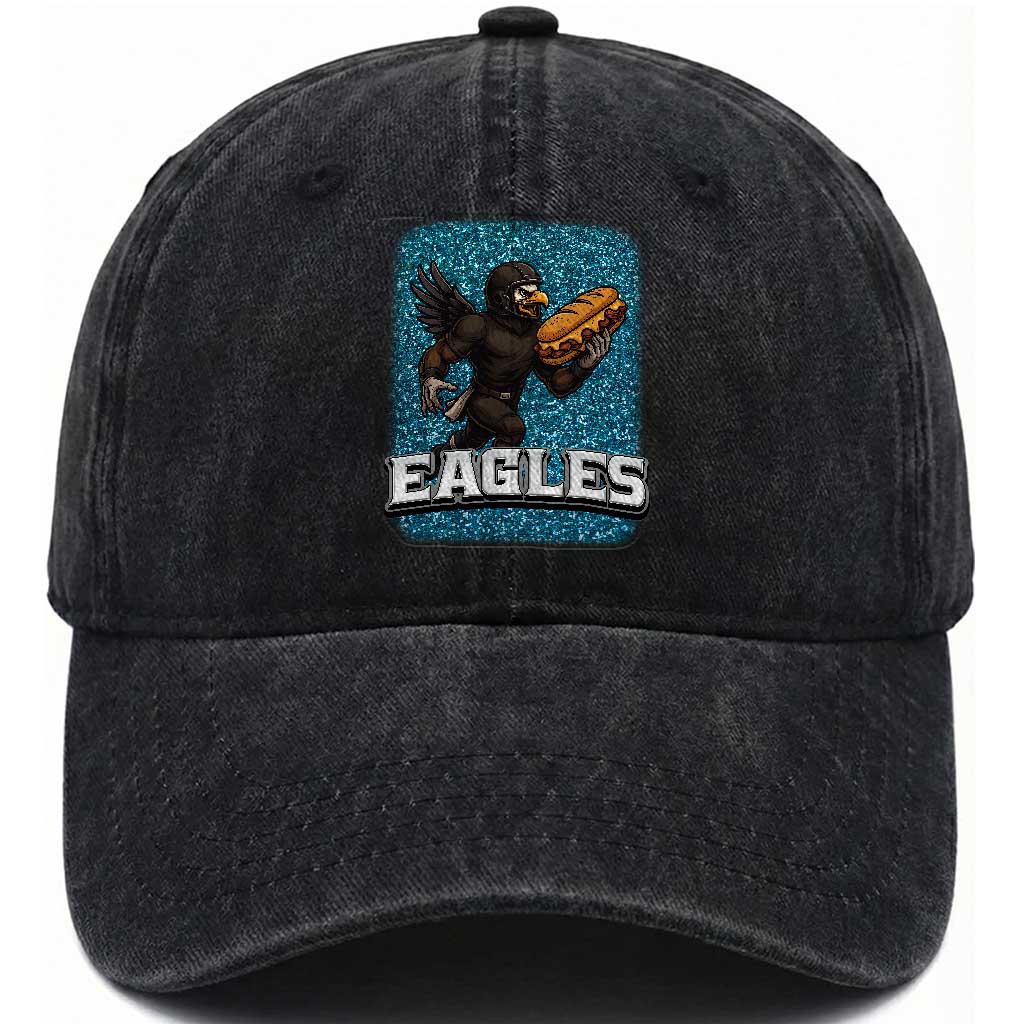 Funny Eagle With Cheesesteak Washed Cotton Baseball Cap Football Glitter Print