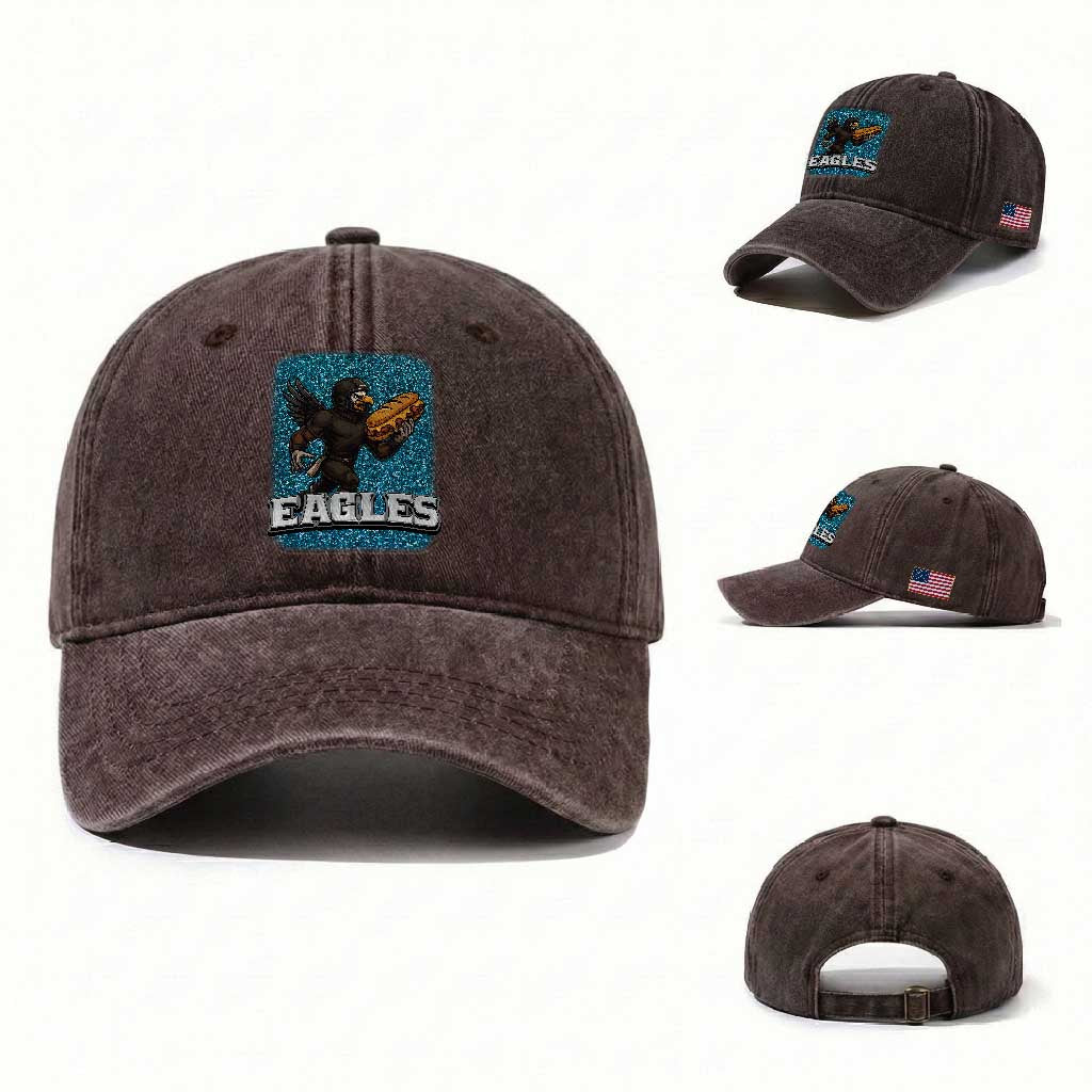 Funny Eagle With Cheesesteak Washed Cotton Baseball Cap Football Glitter Print