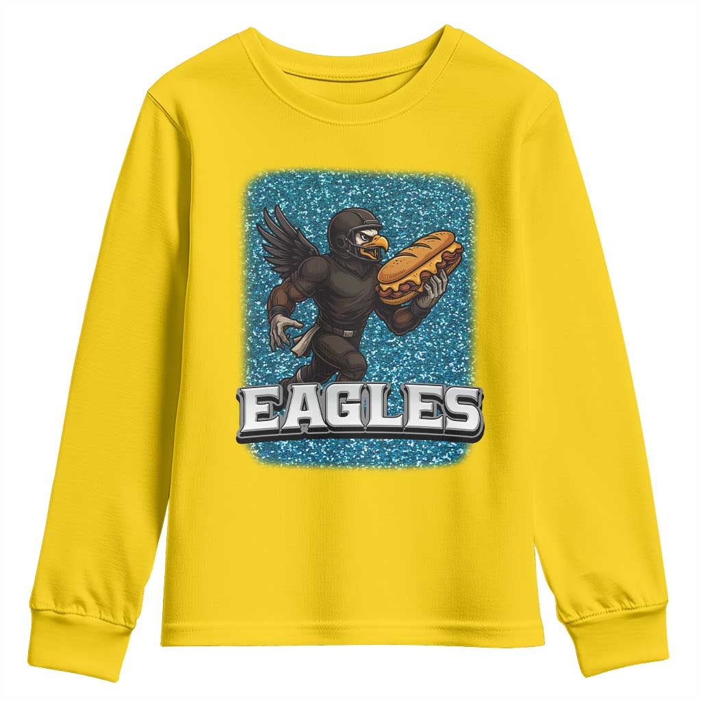Funny Eagle With Cheesesteak Youth Sweatshirt Football Glitter Print - Wonder Print Shop