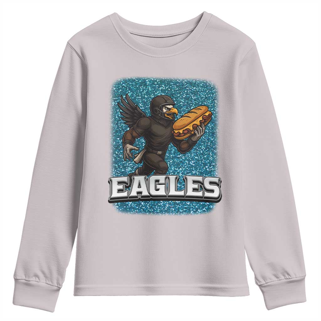Funny Eagle With Cheesesteak Youth Sweatshirt Football Glitter Print - Wonder Print Shop