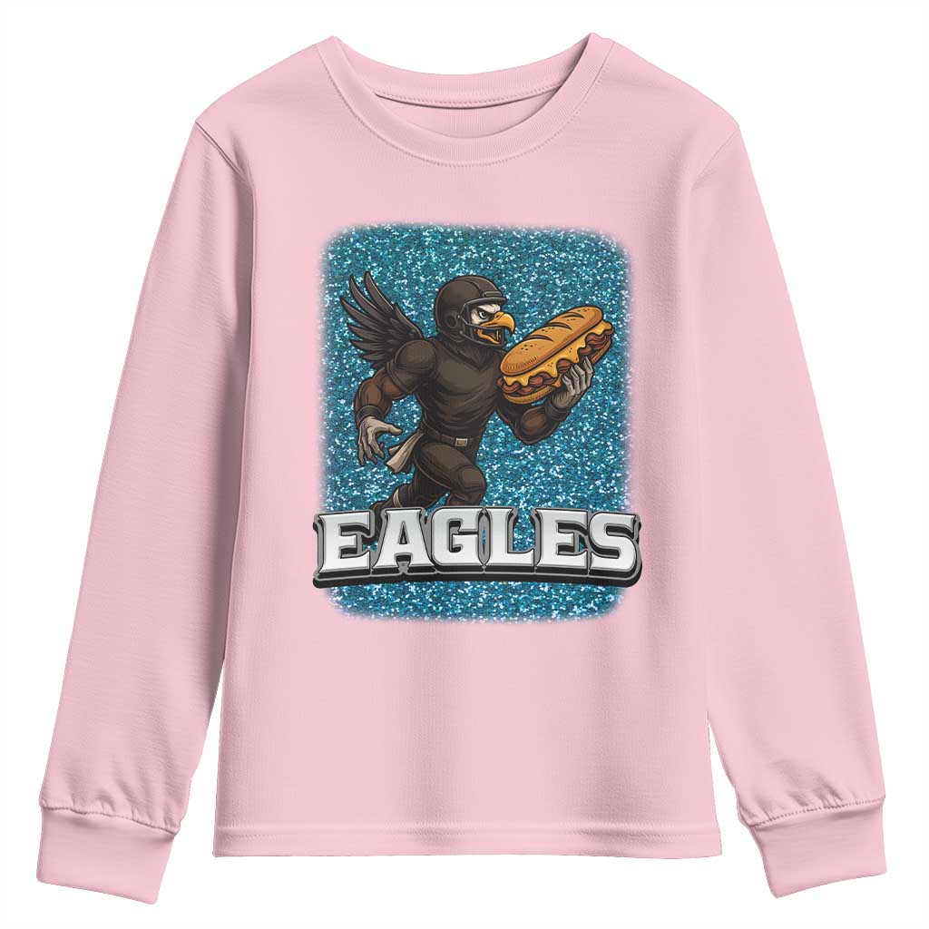 Funny Eagle With Cheesesteak Youth Sweatshirt Football Glitter Print - Wonder Print Shop