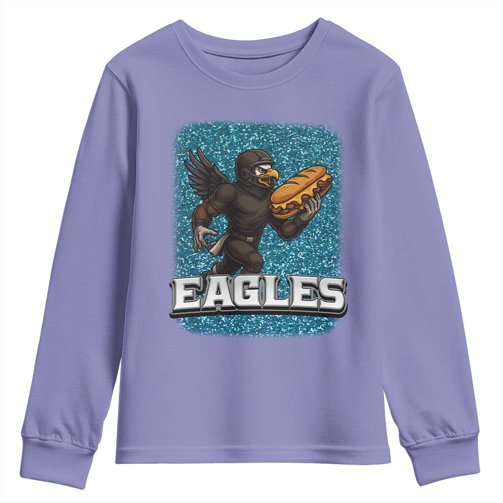 Funny Eagle With Cheesesteak Youth Sweatshirt Football Glitter Print - Wonder Print Shop