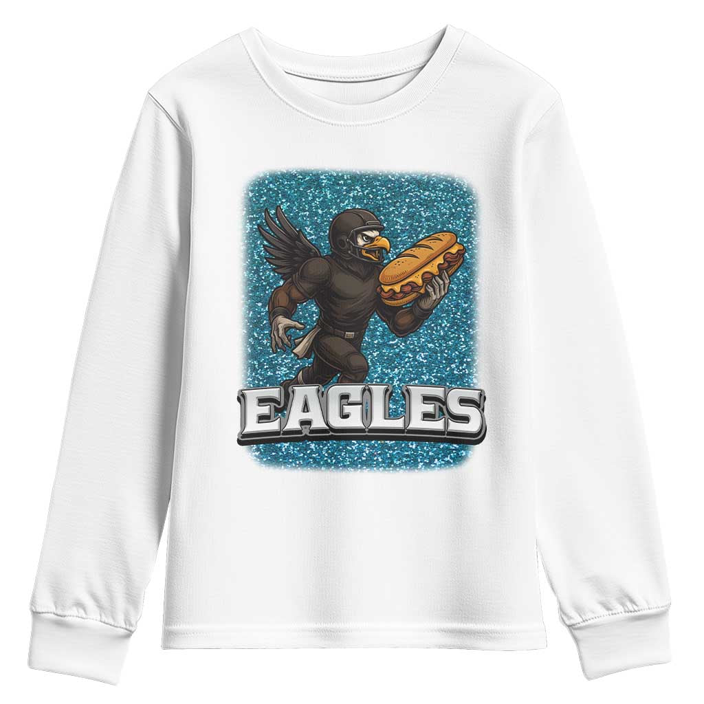 Funny Eagle With Cheesesteak Youth Sweatshirt Football Glitter Print - Wonder Print Shop