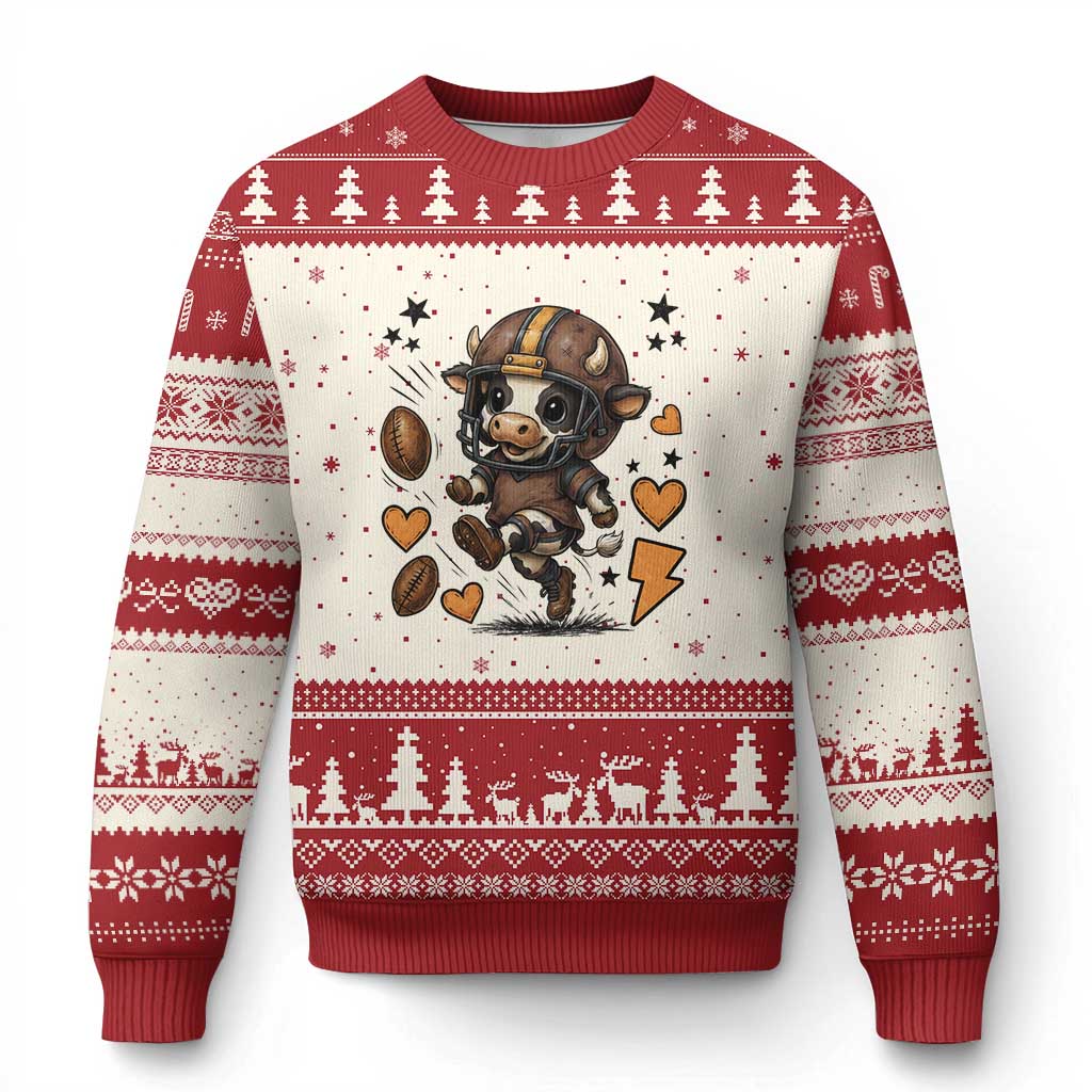 Football Lover Ugly Christmas Sweater Cute Dairy Cow Playing Football - Wonder Print Shop