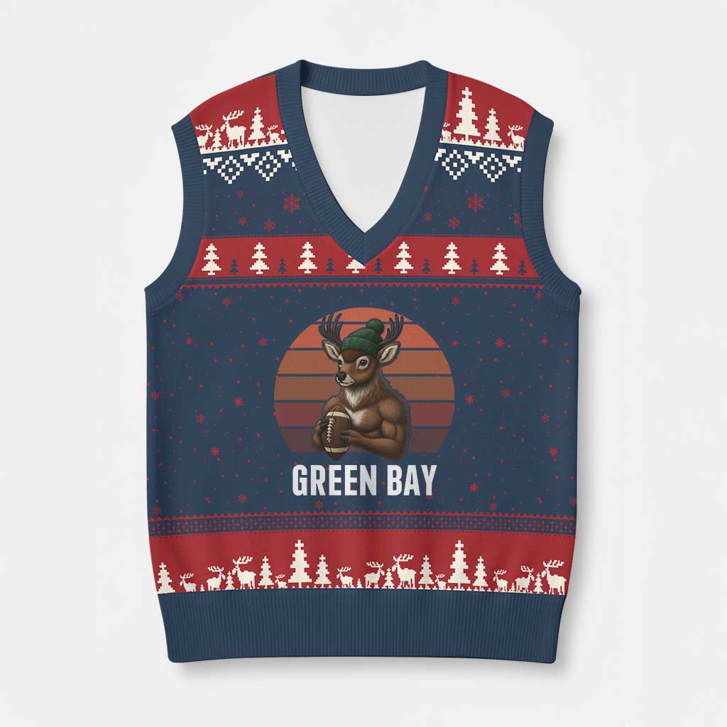 Deer Green Bay Football V-Neck Knit Sweater Vest Retro Vintage Style - Wonder Print Shop
