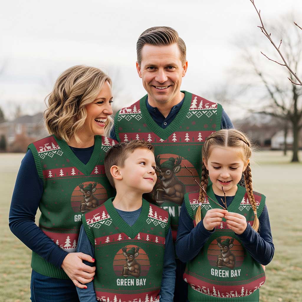 Deer Green Bay Football V-Neck Knit Sweater Vest Retro Vintage Style - Wonder Print Shop