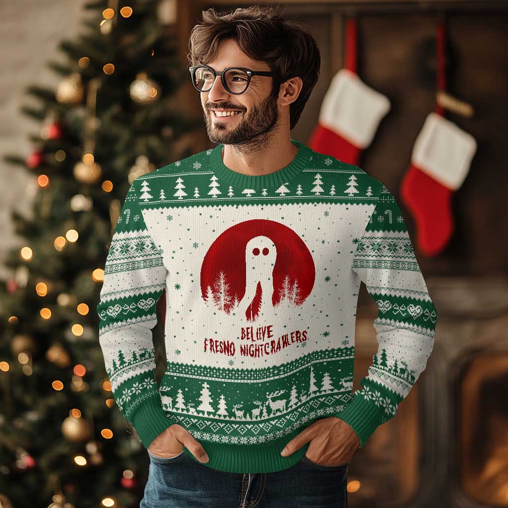 Believe In Fresno Nightcrawlers Ugly Christmas Sweater California Cryptid Hunter Gift - Wonder Print Shop