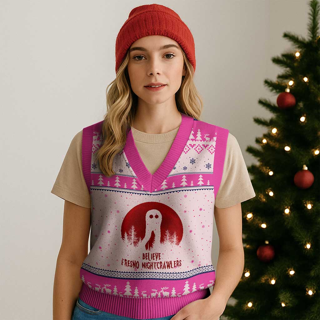 Believe In Fresno Nightcrawlers V-Neck Knit Sweater Vest California Cryptid Hunter Gift - Wonder Print Shop