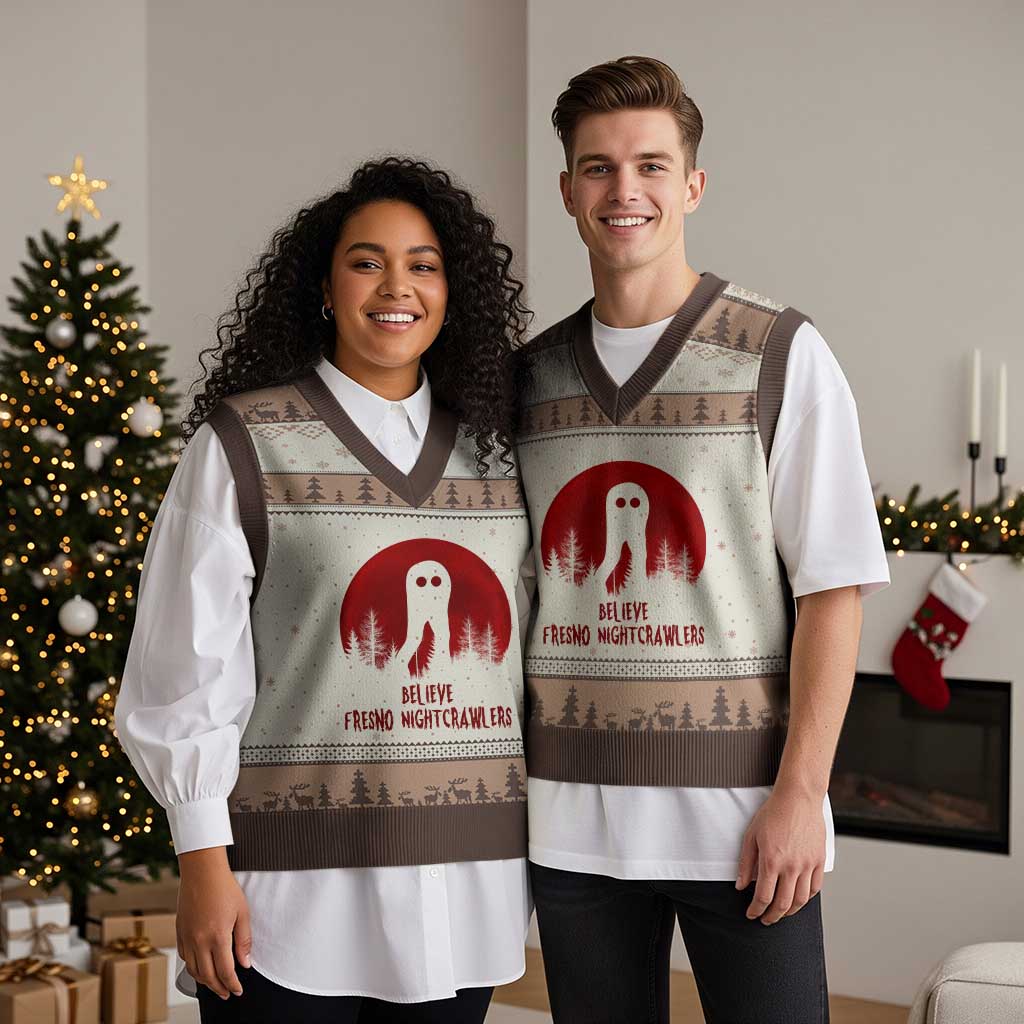 Believe In Fresno Nightcrawlers V-Neck Knit Sweater Vest California Cryptid Hunter Gift - Wonder Print Shop