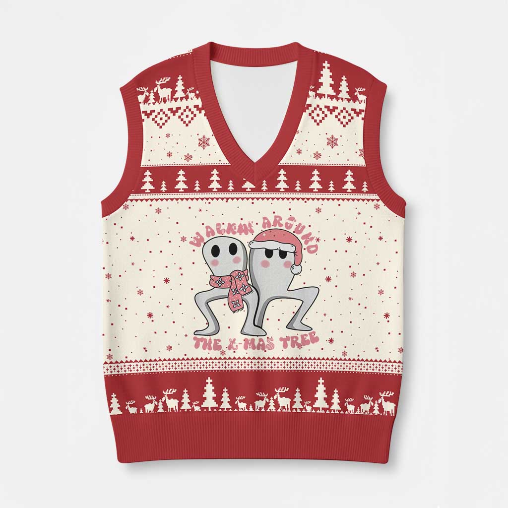 Walkin Around The Xmas Tree V-Neck Knit Sweater Vest Fresno Nightcrawler Cryptid Xmas Gift - Wonder Print Shop