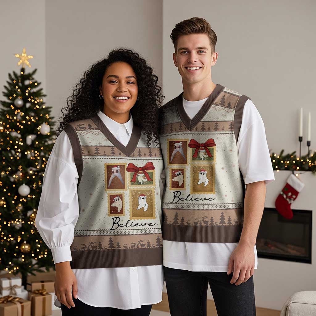 Fresno Nightcrawler Cryptid Xmas Believe Gift V-Neck Knit Sweater Vest - Wonder Print Shop