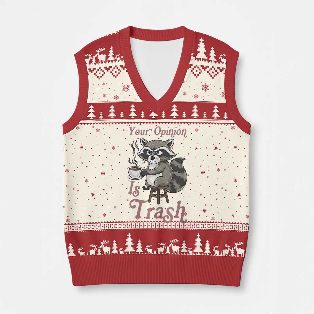 Funny Sarcastic Raccoon Coffee Lover V-Neck Knit Sweater Vest Your Opinion Is Trash Gift - Wonder Print Shop