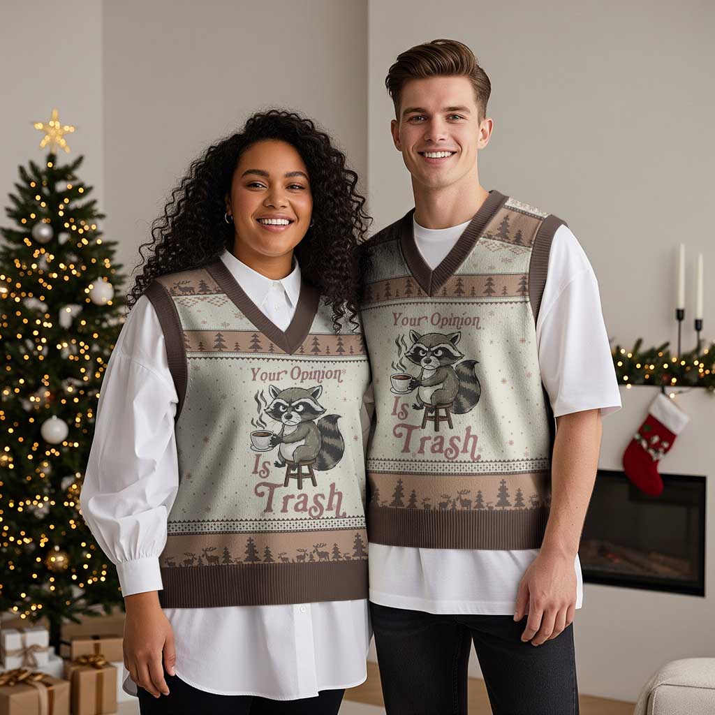 Funny Sarcastic Raccoon Coffee Lover V-Neck Knit Sweater Vest Your Opinion Is Trash Gift - Wonder Print Shop