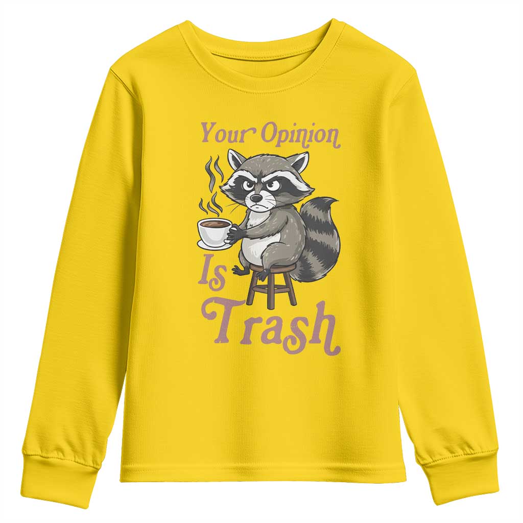 Funny Sarcastic Raccoon Coffee Lover Youth Sweatshirt Your Opinion Is Trash Gift - Wonder Print Shop