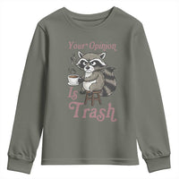 Funny Sarcastic Raccoon Coffee Lover Youth Sweatshirt Your Opinion Is Trash Gift - Wonder Print Shop