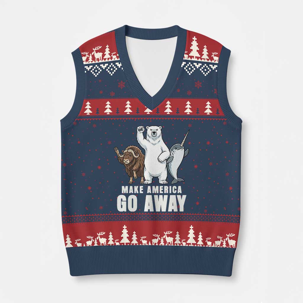 Funny Make America Go Away V-Neck Knit Sweater Vest Anti Authoritarian Political Gag Gift