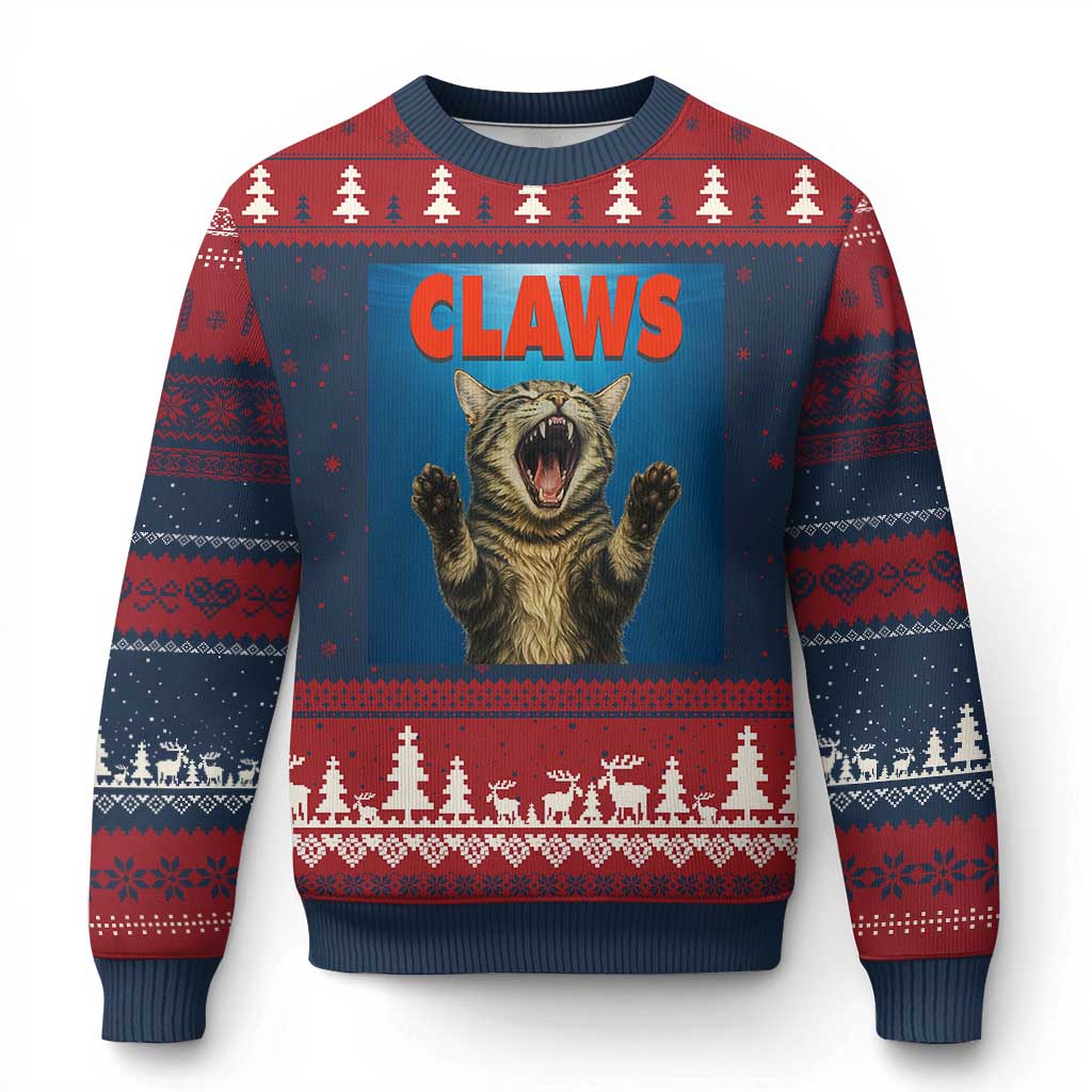 Funny Claws Cat Ugly Christmas Sweater Horror Movie Parody - Wonder Print Shop