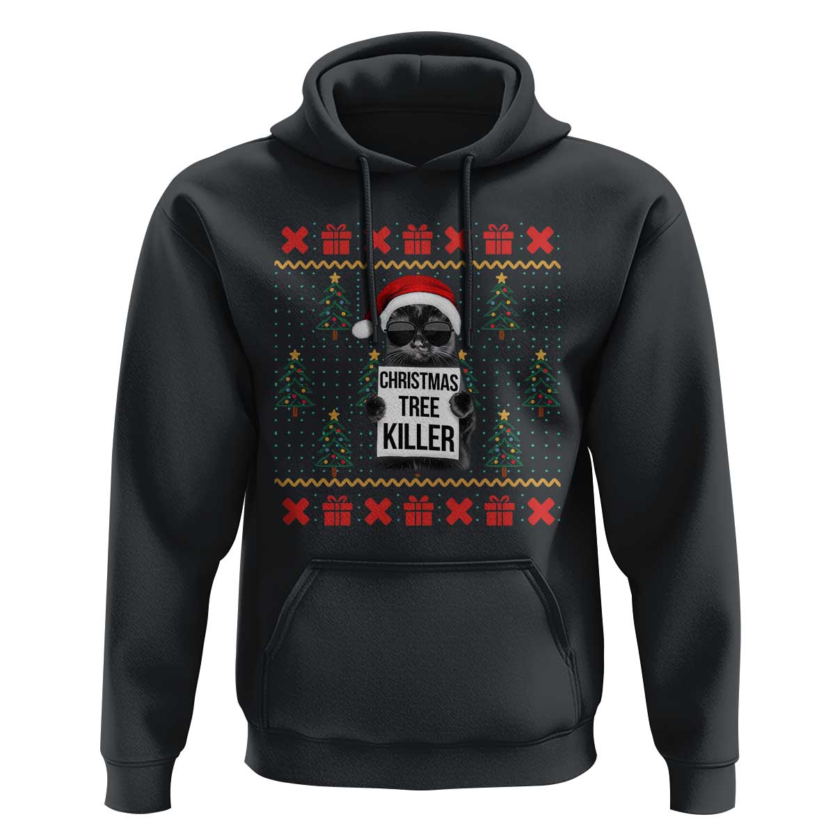 Funny Xmas Black Cat Hoodie Christmas Tree Killer Santa Kitten - Wonder Print Shop
