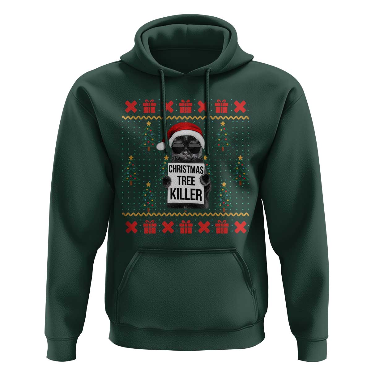 Funny Xmas Black Cat Hoodie Christmas Tree Killer Santa Kitten - Wonder Print Shop