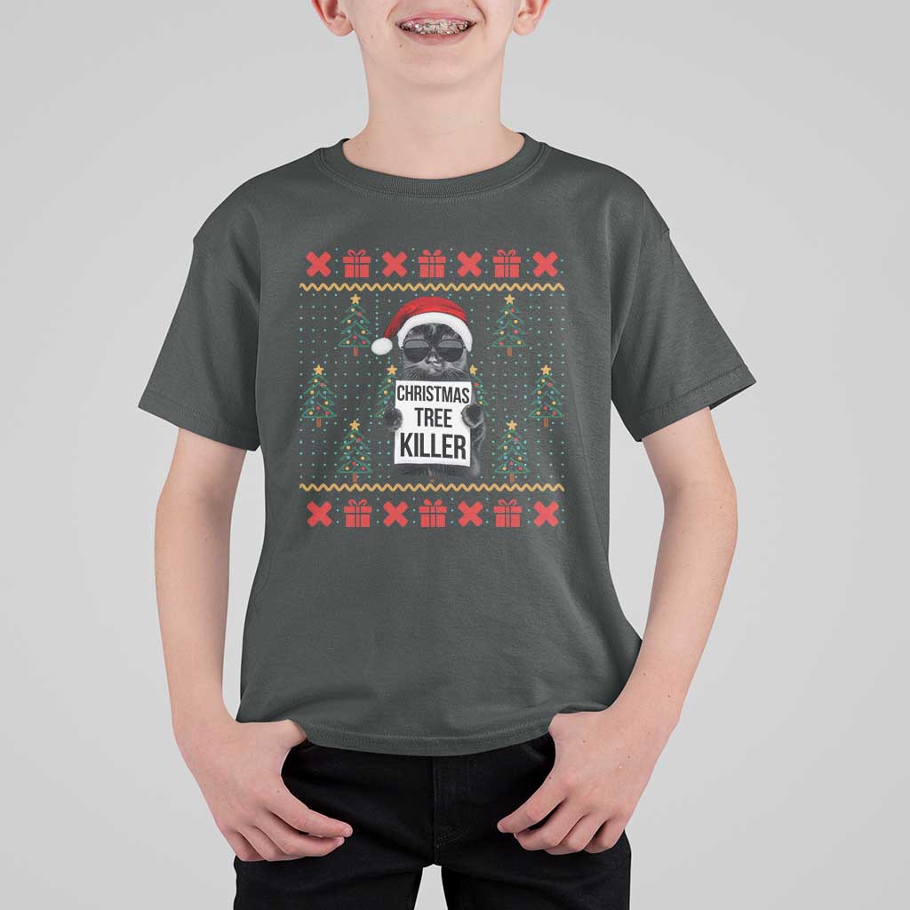Funny Xmas Black Cat T Shirt For Kid Christmas Tree Killer Santa Kitten - Wonder Print Shop