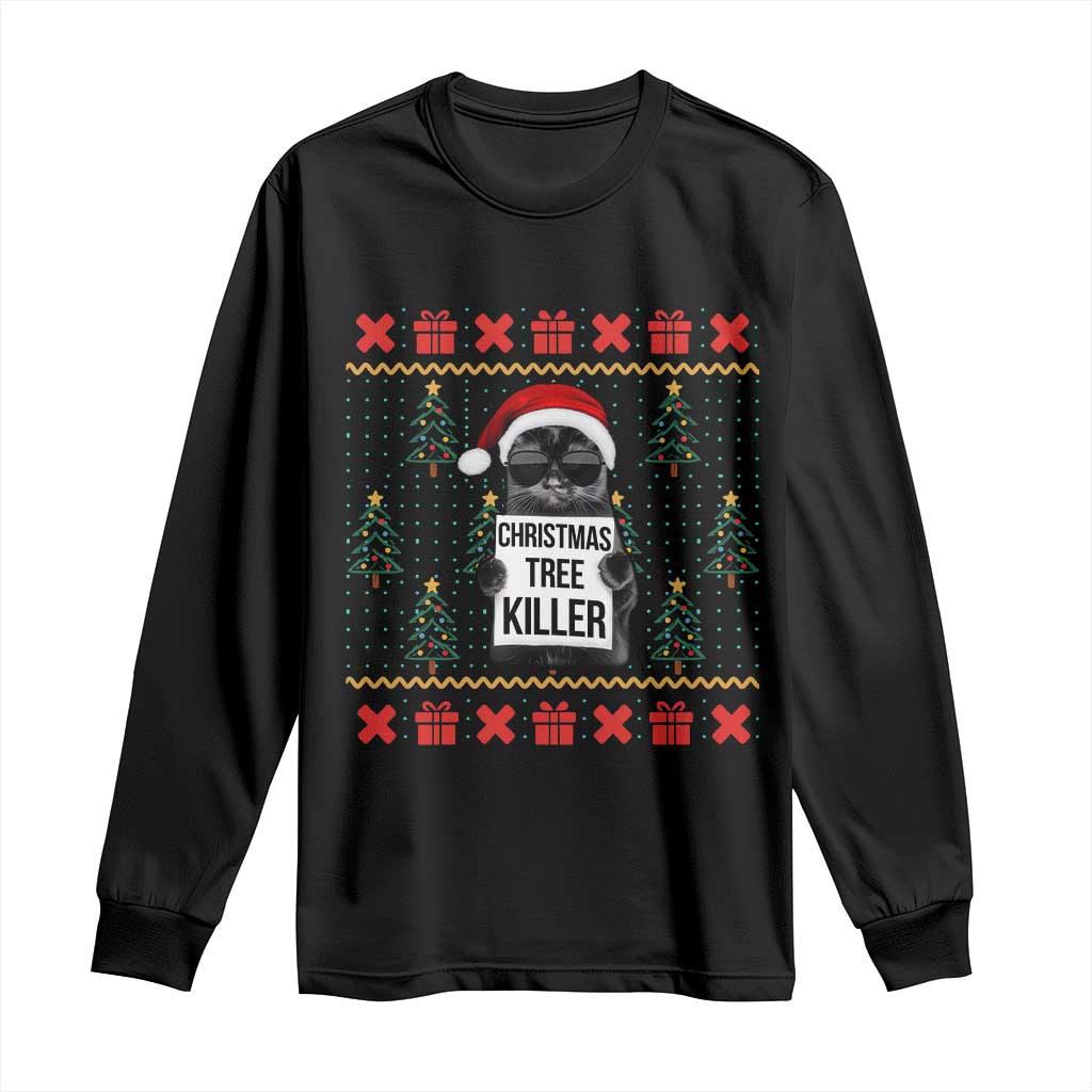 Funny Xmas Black Cat Long Sleeve Shirt Christmas Tree Killer Santa Kitten - Wonder Print Shop