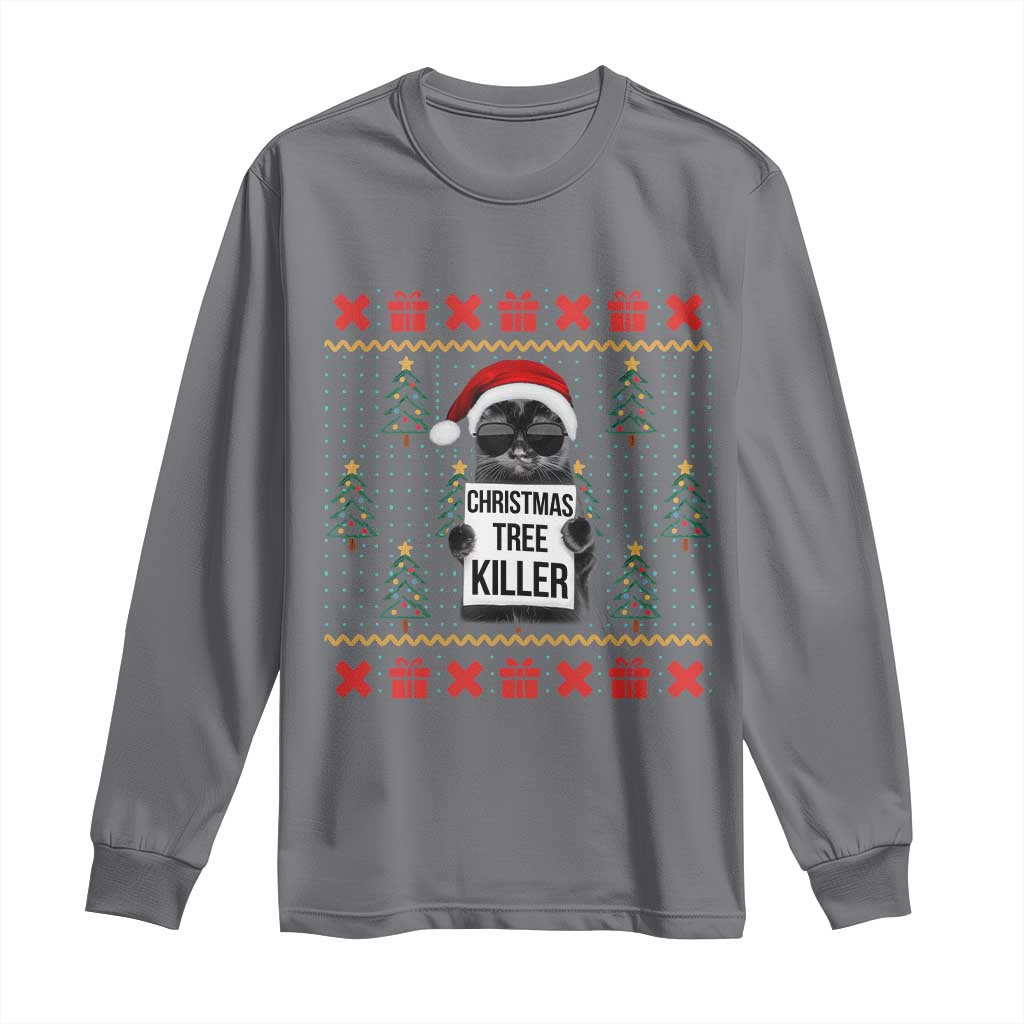 Funny Xmas Black Cat Long Sleeve Shirt Christmas Tree Killer Santa Kitten - Wonder Print Shop