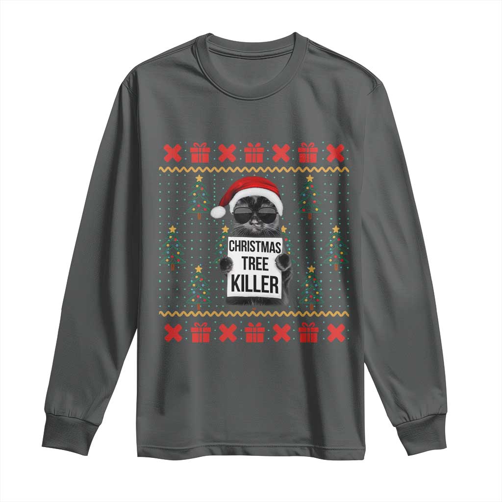Funny Xmas Black Cat Long Sleeve Shirt Christmas Tree Killer Santa Kitten - Wonder Print Shop