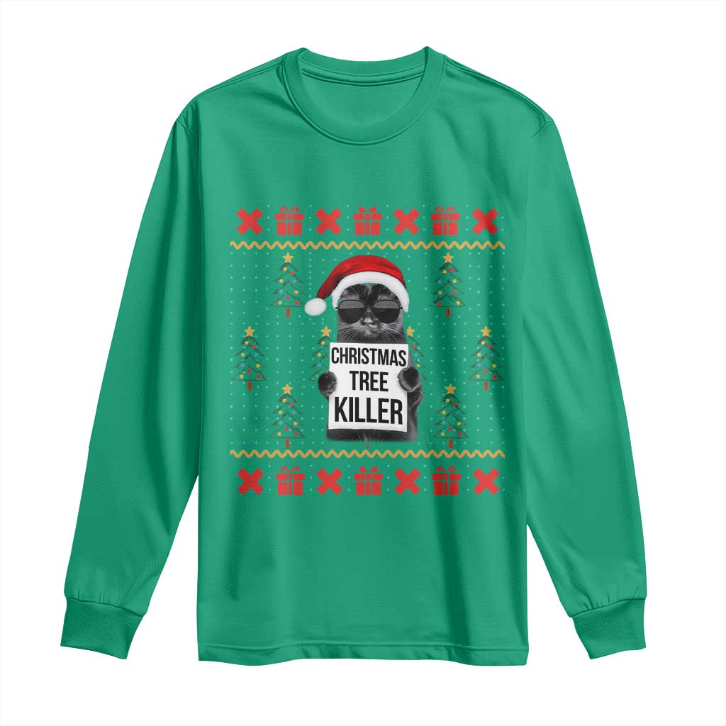 Funny Xmas Black Cat Long Sleeve Shirt Christmas Tree Killer Santa Kitten - Wonder Print Shop