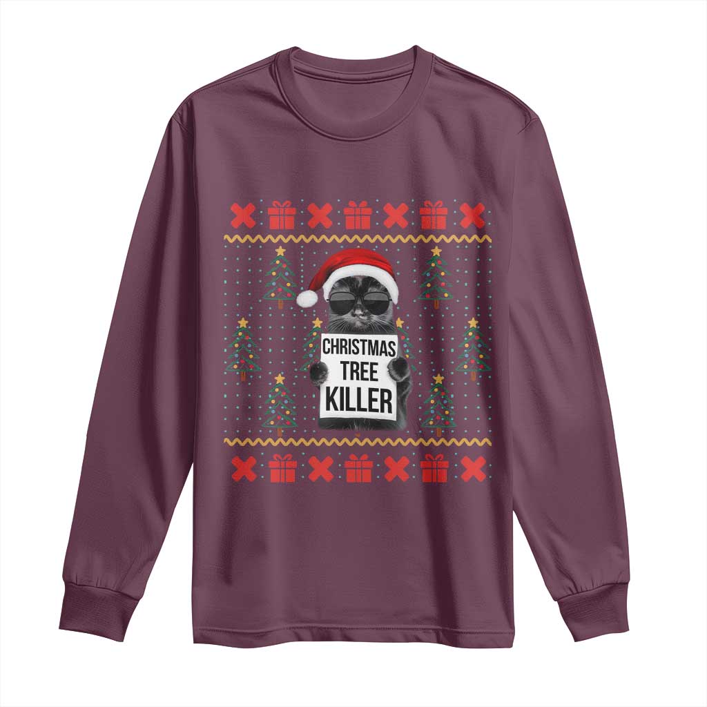 Funny Xmas Black Cat Long Sleeve Shirt Christmas Tree Killer Santa Kitten - Wonder Print Shop