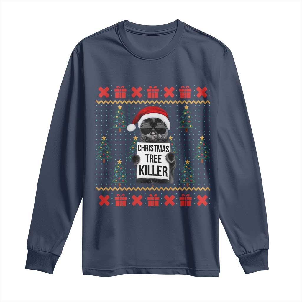 Funny Xmas Black Cat Long Sleeve Shirt Christmas Tree Killer Santa Kitten - Wonder Print Shop